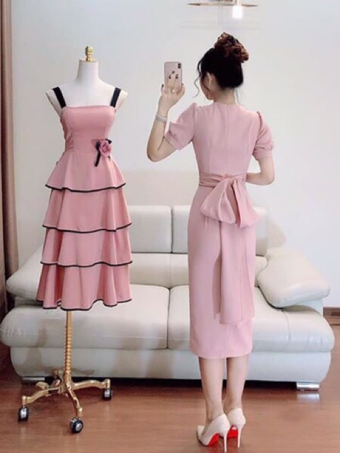 Đầm body nút hồng đắp chéo ngực cột nơ lưng đi tiệc sang đẹp