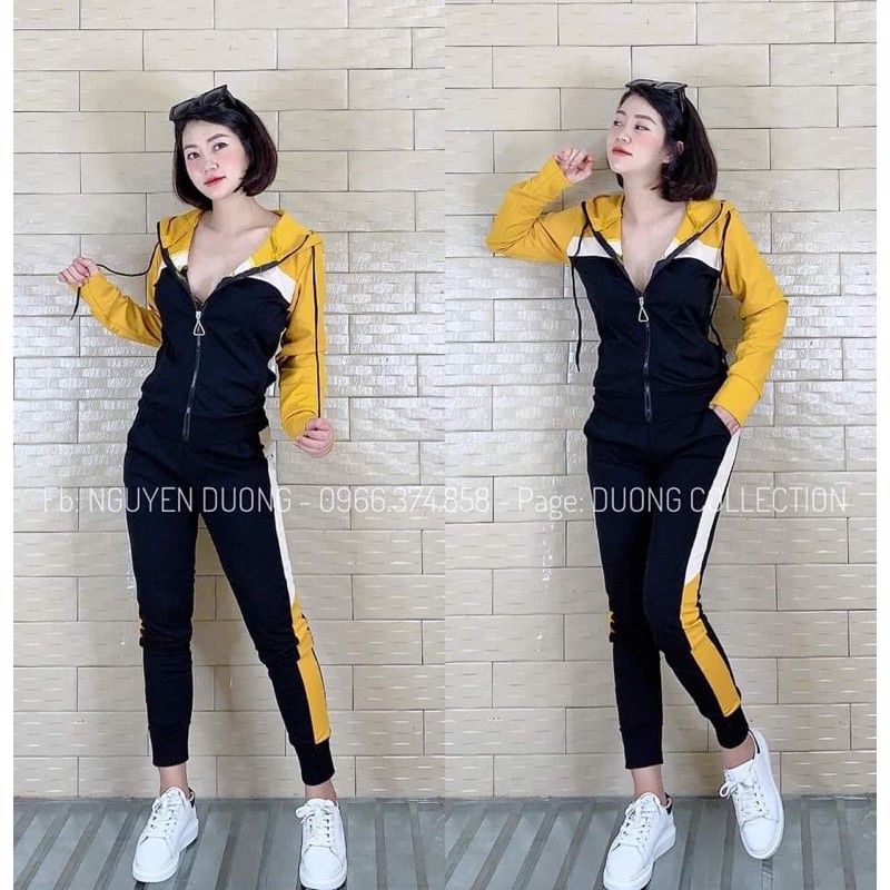 Bộ thể thao nữ có mũ trùm dây khoá kéo chất umi