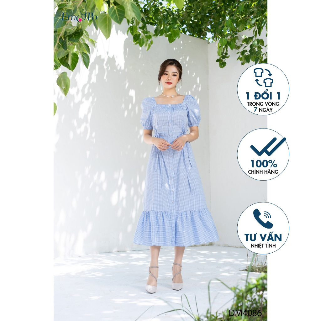 Đầm xòe đuôi cá cổ vuông, chun vai và ống tay Emspo DM4086