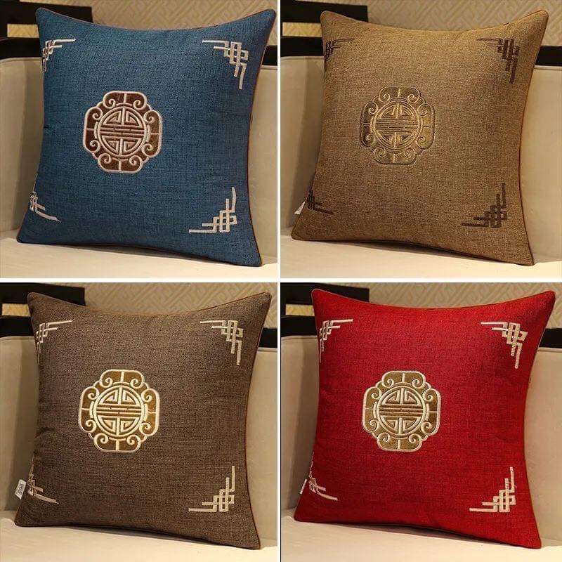 Gối tựa lưng sofa vuông 45x45cm thêu chữ thọ đẹp sang trọng Kim Huệ Decor
