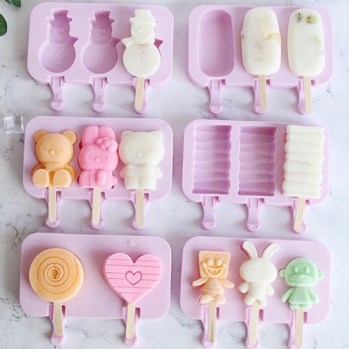 Khuôn làm kem silicon an toàn thân thiện môi trường 3 ngăn nhiều mẫu, có nắp mỏng, kèm 50 que gỗ (Sẵn số lượng sỉ lẻ)