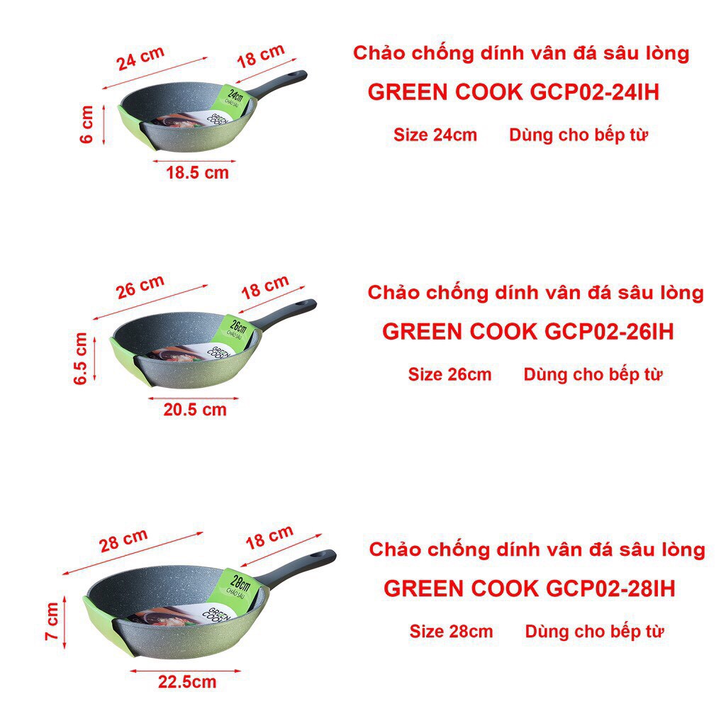 Chảo vân đá đáy từ chống dính GreenCook Size (đường kính) 22 24 26 28 30cm - GREEN