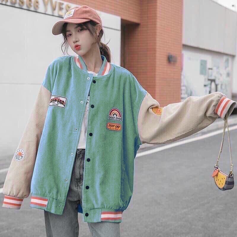 Áo khoác kaki nhung gân thêu logo dáng bomber cầu vồng, kèm ảnh thật
