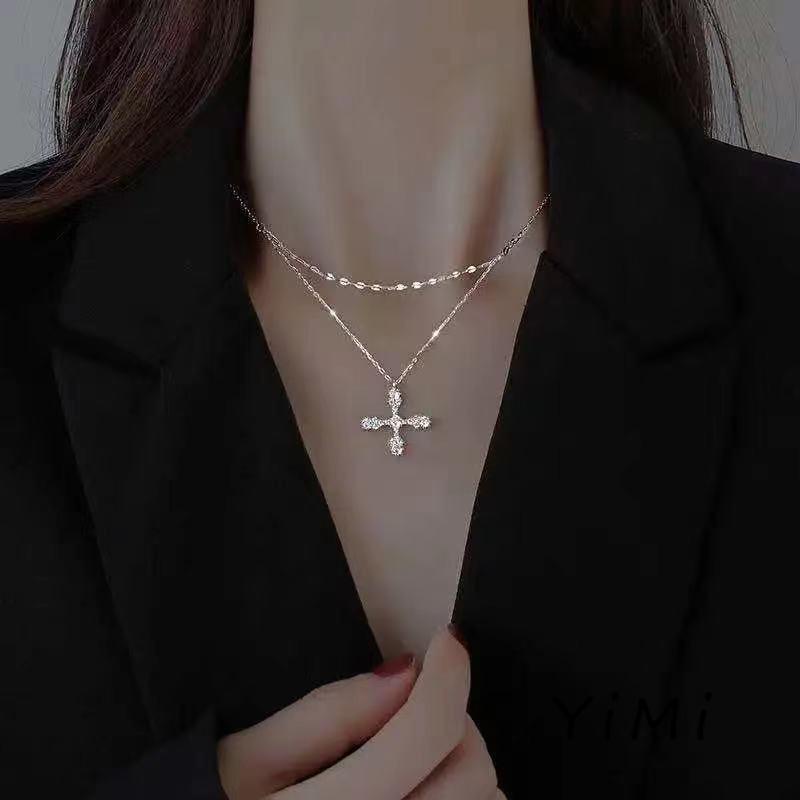 Vòng cổ Hai Lớp Mặt Chữ Thập Đính Đá Zircon Thời Trang