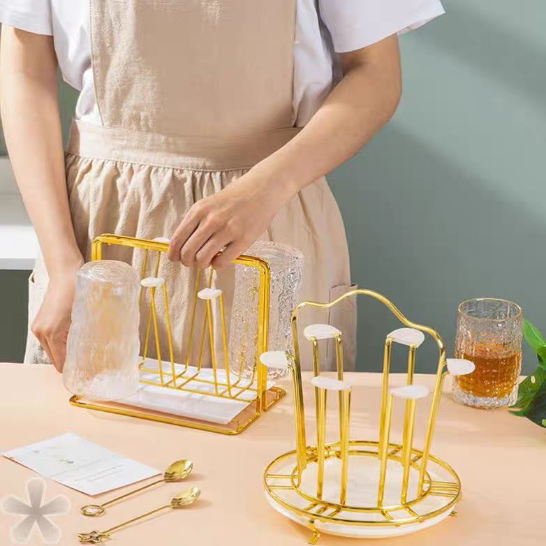 Khay úp cốc mạ vàng kèm khay hứng nước thiết kế hiện đại sang trọng,Giá úp cốc chén tiện lợi, dễ vệ sinh