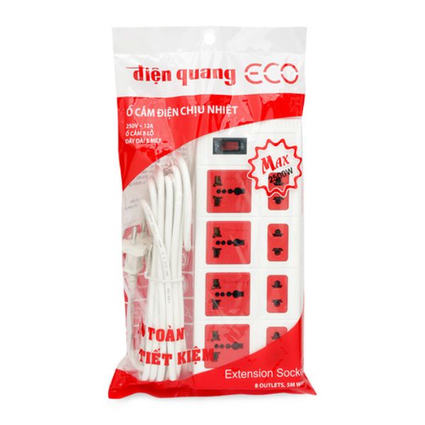 Ổ cắm Điện Quang ECO ĐQ ESK 5WR 8ECO (8 Lỗ, dây dài 5m, màu trắng đỏ)