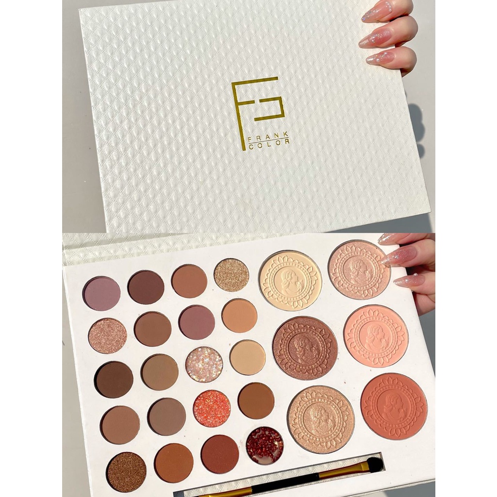 Bảng phấn mắt nhiều màu Frank Color 26 ô tông cam nâu, Phấn mắt nhũ lì 26 ô Frank Color mịn mượt lên màu cực chuẩn