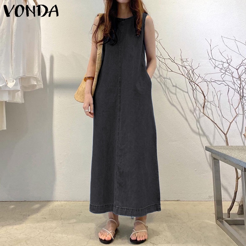 Đầm denim Vonda dài dáng chữ A không tay cổ tròn màu trơn có túi hông phong cách mùa hè Hàn Quốc cho nữ