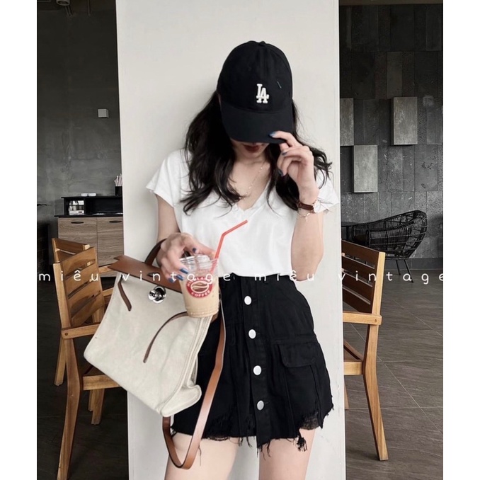 Áo phông nữ cotton trơn cổ tim cộc tay kiểu dáng basic cơ bản màu trắng đen