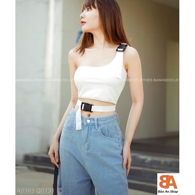 Áo kiểu khóa gài 1 vai croptop body chất thun Borip Free Size 40-53kg dành cho nữ cá tính