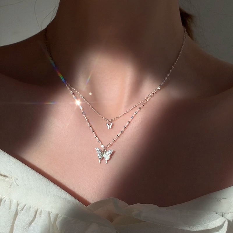 Vòng Cổ Hai Lớp Bằng Bạc 925 Mặt Hình Bướm Đơn Giản Phong Cách Thời Trang
