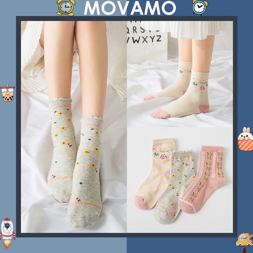 Tất cổ cao nữ Movamo tất nhún vintage hoa nhí bồ câu nhẹ nhàng TN100