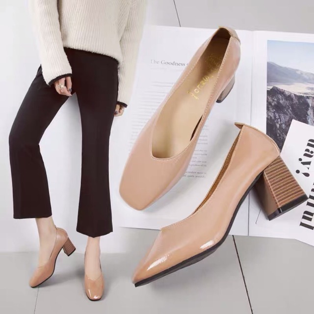 Giày cao gót mũi vuông gots vuông vân gỗ 6cm