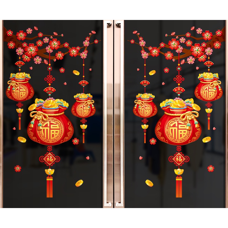 Decal tết 2022 dán tường dán cửa kính 2 mặt sẵn keo QR19654 Dây Treo Phát Tài 2