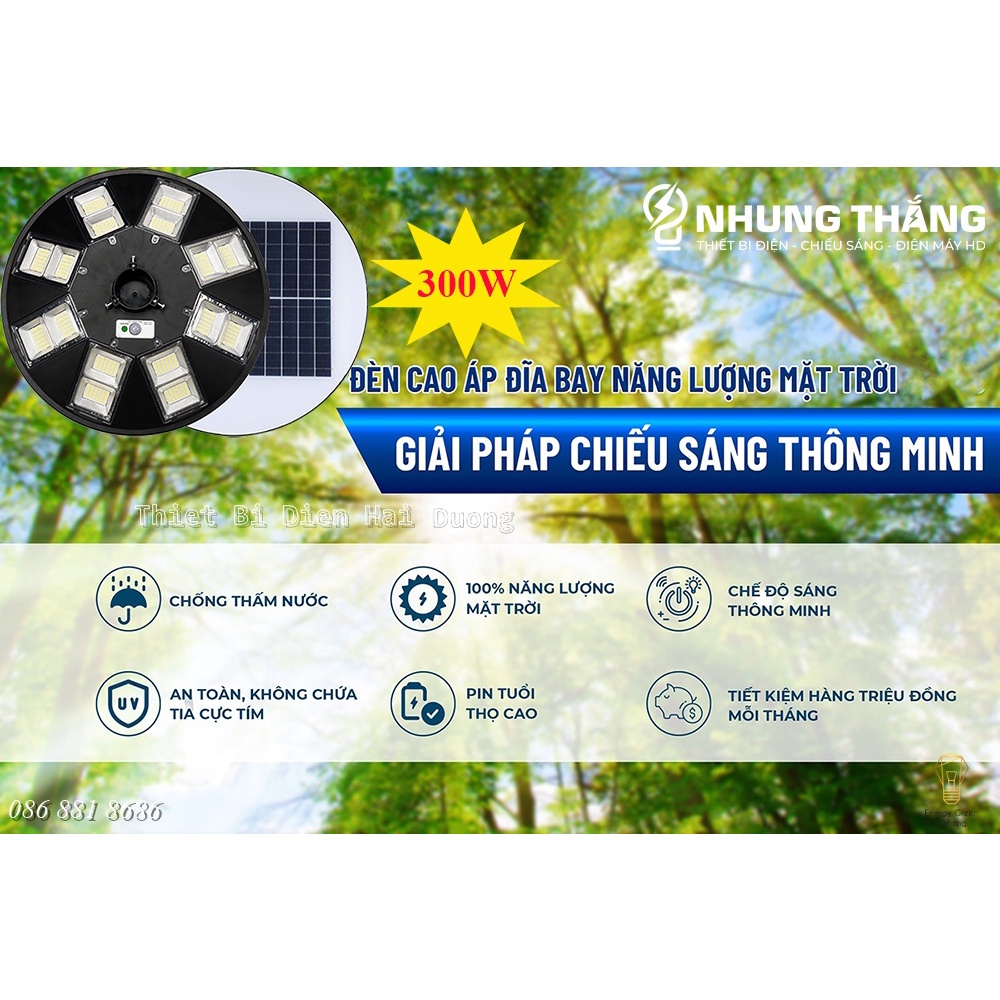 Đèn Cao Áp Năng Lượng Mặt Trời Đĩa Bay UFO - Công Suât 300w - 8 Ô Led Siêu Sáng - Chống Nước IP66 - Có Điều Khiển Từ Xa