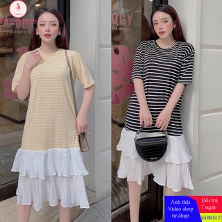 Váy bầu xinh new 2 màu hoạ tiết kẻ sọc phối đuôi cá cực xinh size 45-75kg ( hàng chất - hình thật - bao giặt máy)