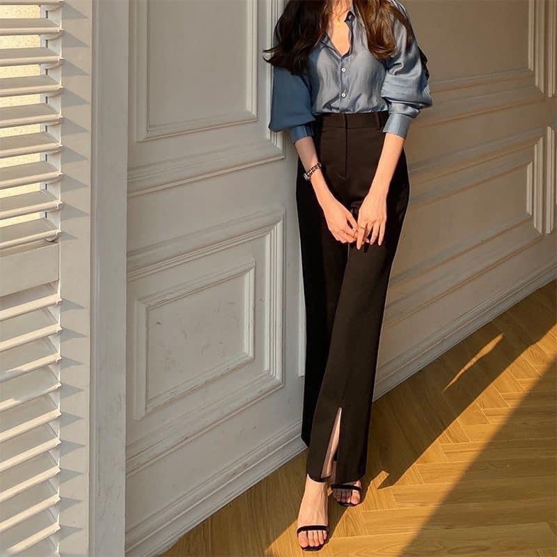 Quần vải loe xẻ gấu cạp cao hách dáng