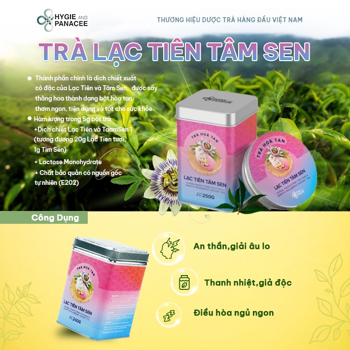 Trà Lạc Tiên Tâm Sen hòa tan Hygie 50g/250g giúp giảm căng thẳng ngủ ngon