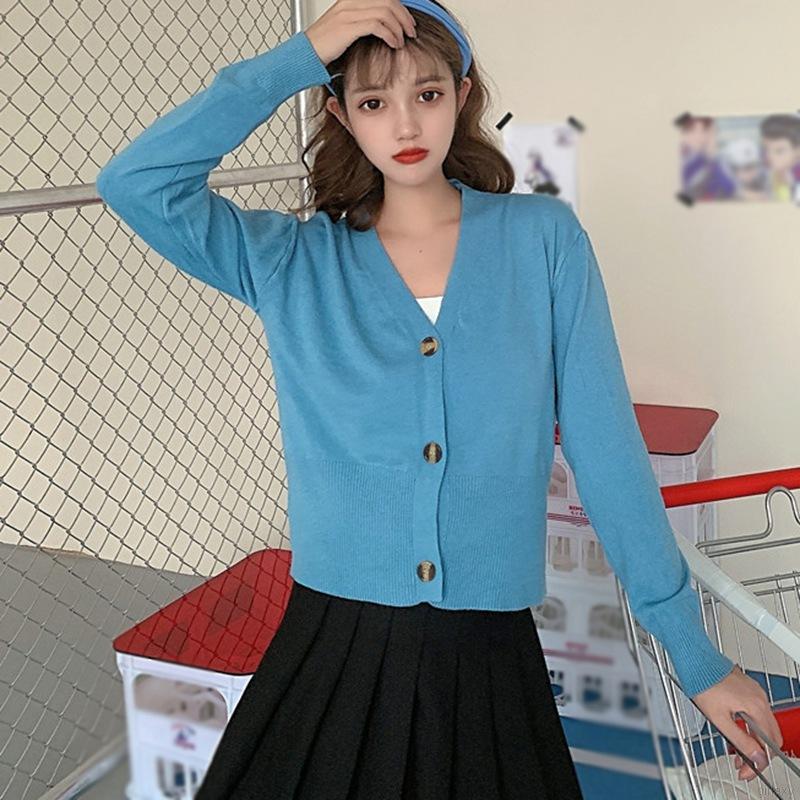 Áo Cardigan Dệt Kim Tay Dài Cổ Chữ V Màu Trơn Đơn Giản Phong Cách Hàn Quốc