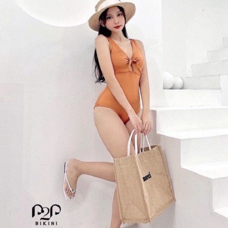 P2P BIKINI - Đồ bơi một mảnh cổ tim, thắt nơ ngực cách điệu màu cam trầm - MN360_HD