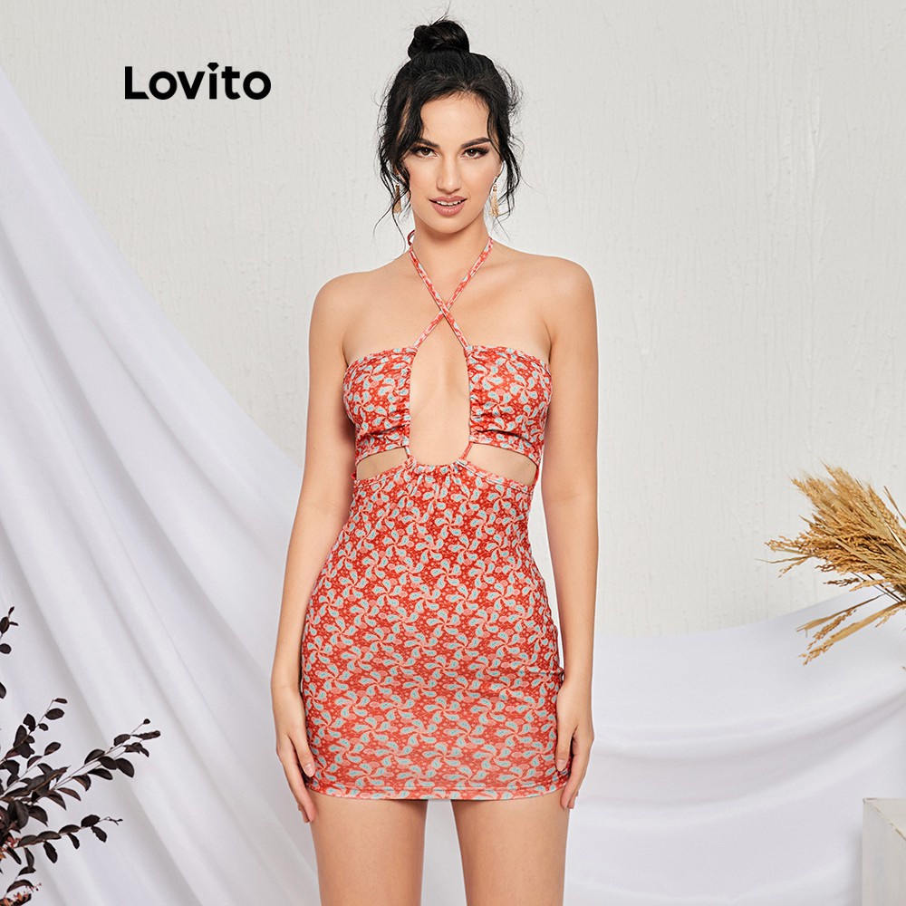 Đầm Lovito hai dây cột dây sau lưng in họa tiết cây cối phong cách boho L14E012 (Đỏ)