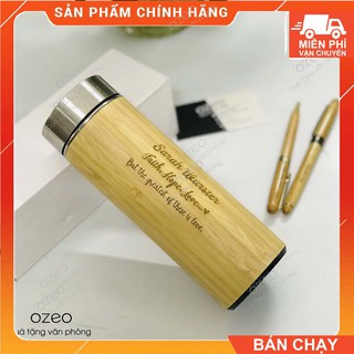 Bình giữ nhiệt vỏ tre/trúc 450ml, lõi inox 304 không gỉ, giữ nhiệt tốt - khắc tên, chữ,logo