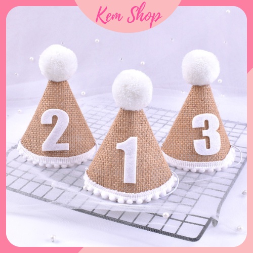 Mũ sinh nhật vải cói nâu 3D Hàn Quốc Kem Shop, mũ cói sinh nhật vintage dễ thương - Kemshop K120