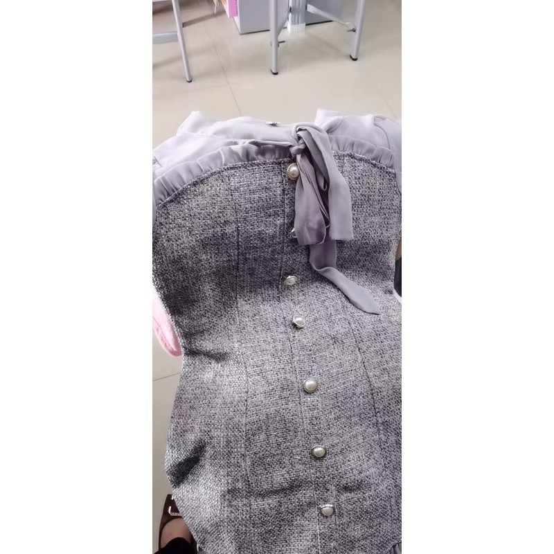 Váy dạ tweed tay voan cổ nơ dáng xoè ngắn ORDER