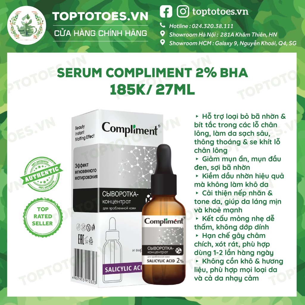 Serum Compliment 2% BHA làm sạch sâu, giảm mụn, se lỗ chân lông, kiềm dầu