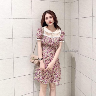 VÁY HOA TÍM CỔ VUÔNG PHỐI VOAN CỰC XINH