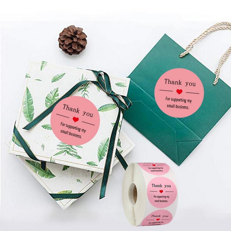 Cuộn 500 Miếng Dán Trang Trí Sổ Tay Hình Tròn / Trái Tim Màu Hồng In Chữ Thank You Dễ Thương