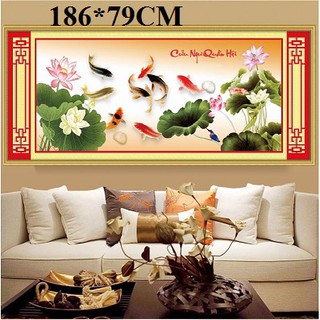 tranh thêu chữ thập cao cấp ca chép hoa sen cửu ngư quần hội kt 186x79cm