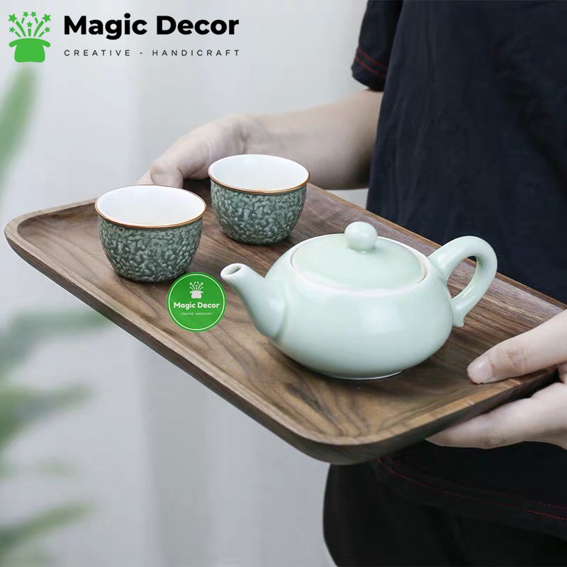 Khay gỗ decor -  Khay trà đựng ấm chén hình chữ nhật gỗ Óc Chó nguyên khối cao cấp