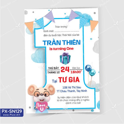 Thiệp thôi nôi –  sinh nhật Pluxi bé Trai tuổi Chuột PX_SN129