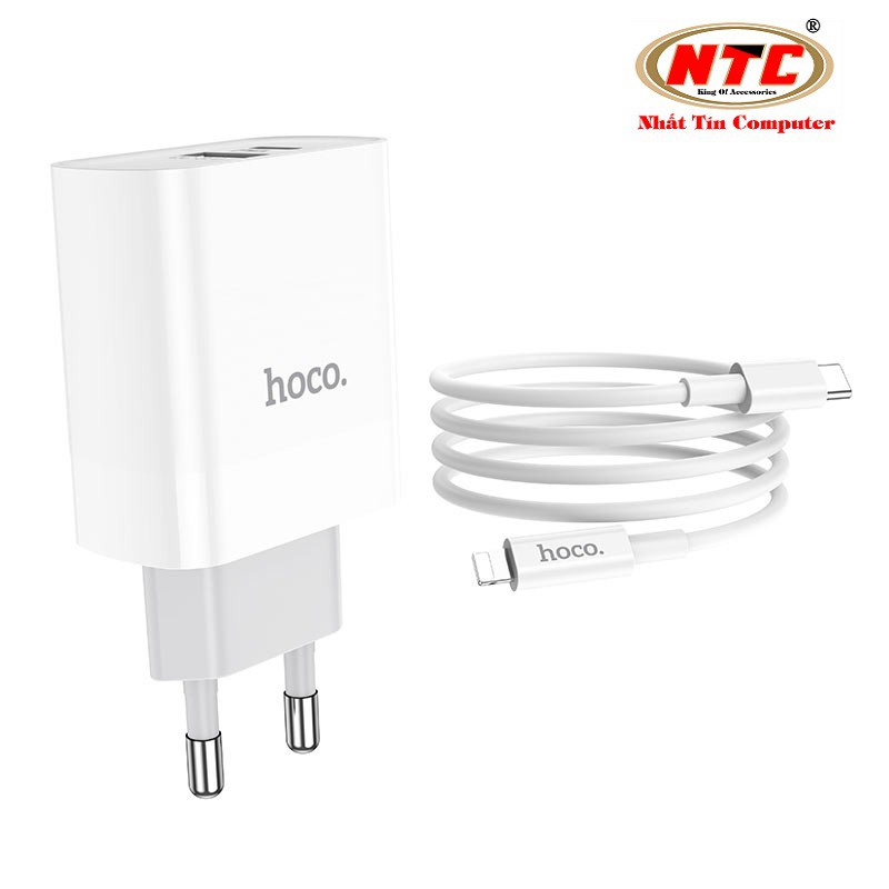 Bộ Cốc sạc 2 cổng USB và PD kèm Cáp sạc Type-C to Lightning Hoco C80A QC3.0 và PD20W (Trắng)