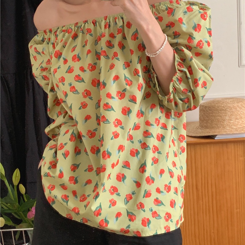 SUXI Áo Trễ Vai In Hoa Phong Cách Hàn Quốc Xinh Xắn Dành Cho Nữ