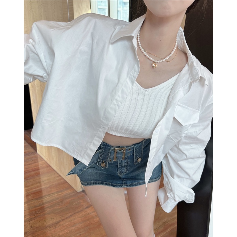 Bộ Áo Sơ Mi Dài Tay Phối Nút + Áo Khoác Dệt Kim Không Tay Xinh Xắn