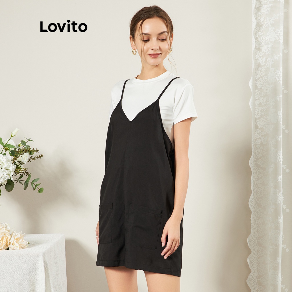 Áo liền quần Lovito mịn màng có túi họa tiết hoa thường ngày L25ED034 (màu đen)