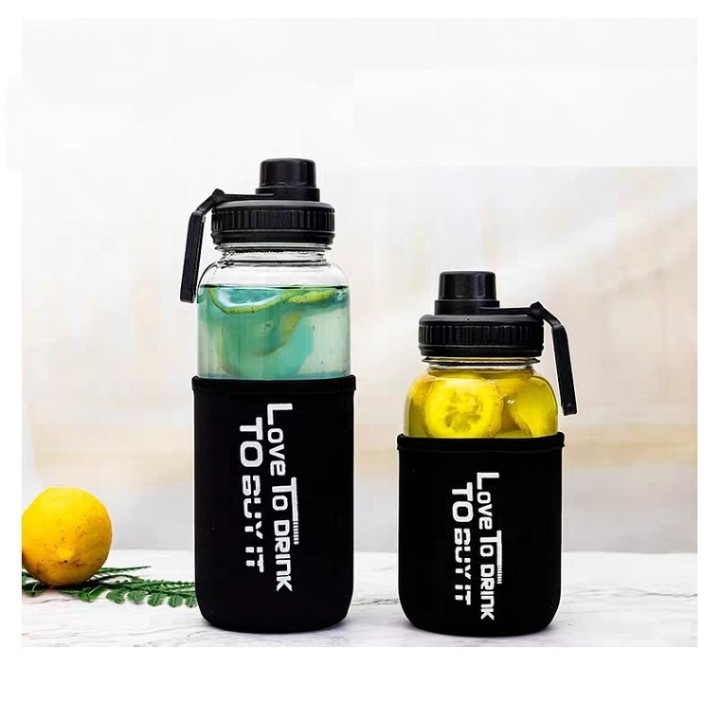 CHAI NƯỚC THỦY TINH 1000ML - CHAI THỦY TINH CÓ BAO ĐEN NẮP NHỰA ĐEN