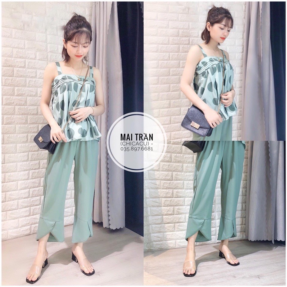 Set áo 2 dây chấm bi xanh