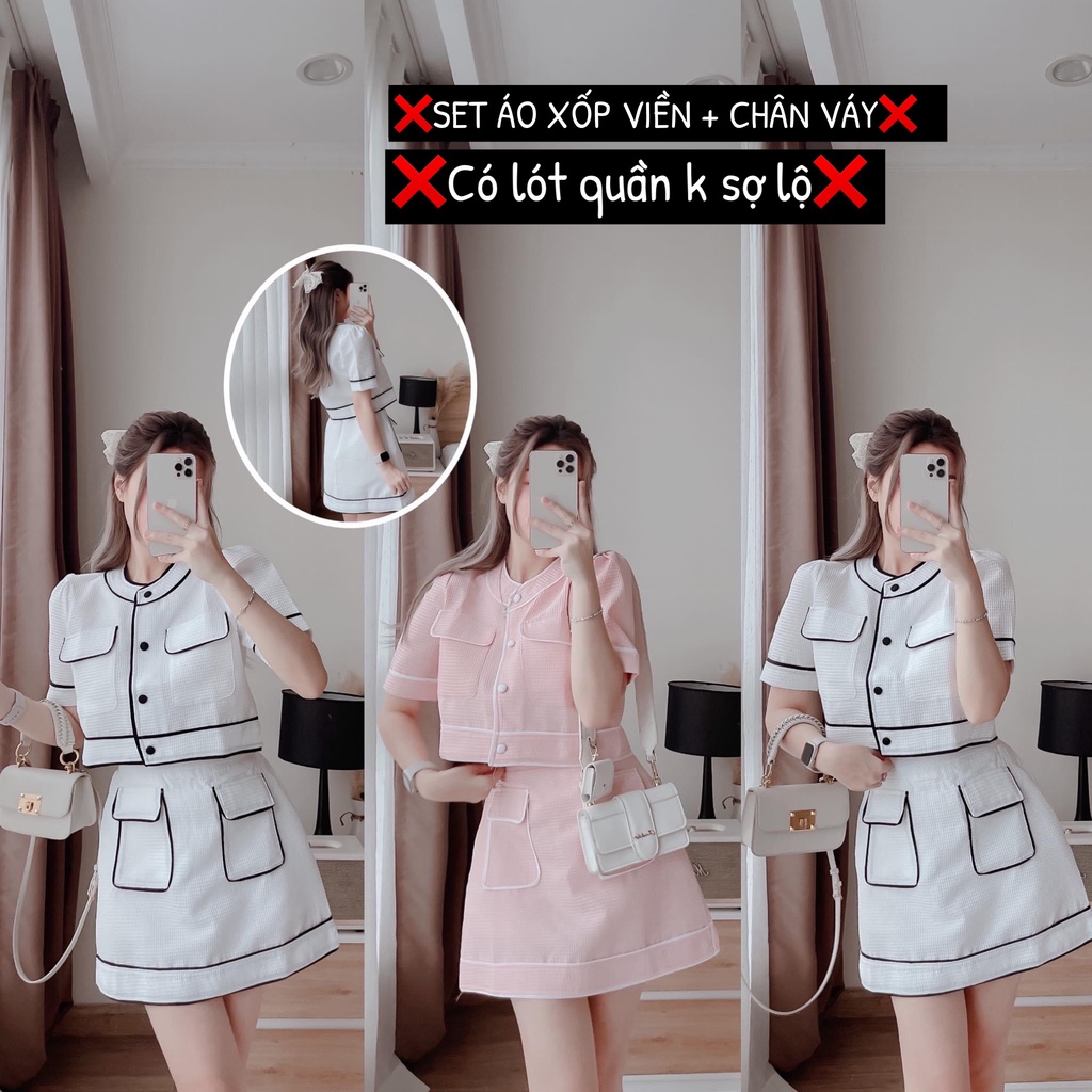 SET XỐP ÁO HỒNG - TRẮNG CROPTOP VIỀN + CHÂN VÁY TÚI VIỀN