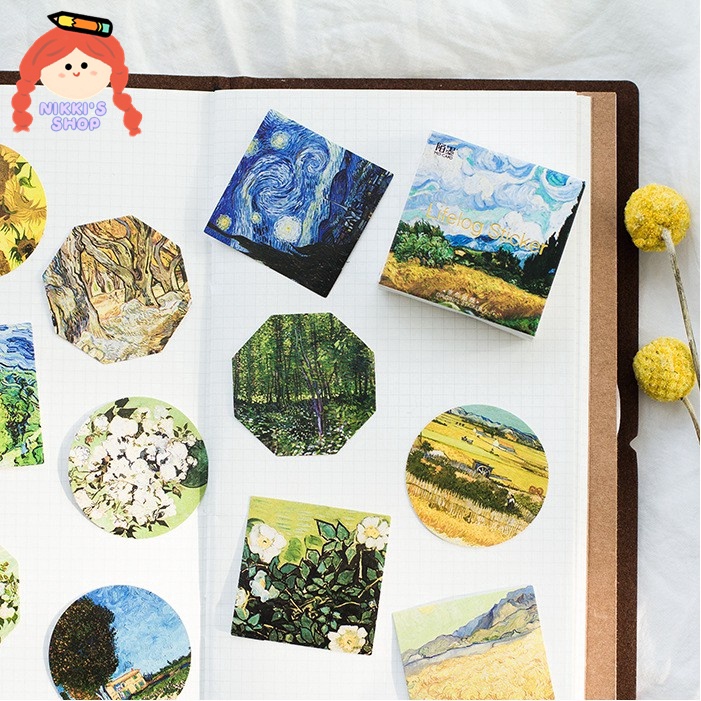 Set 45 Miếng Dán Tranh Sơn Dầu Hình Van Gogh Dễ Thương Trang Trí