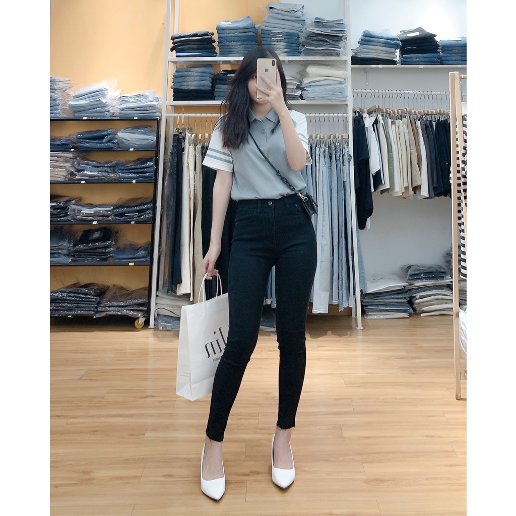 AT636, Áo thun nữ polo phối xanh ngọc trắng