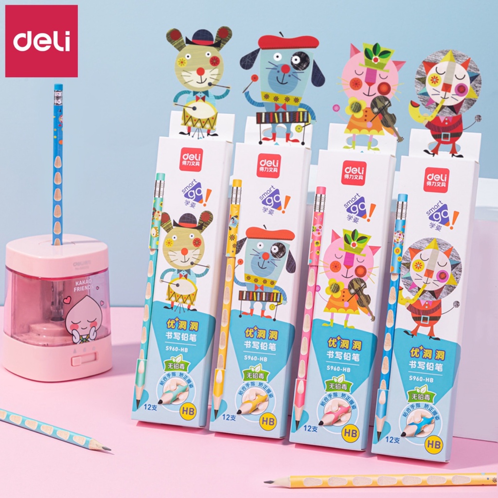 Hộp 12 bút chì định vị tay kèm đầu tẩy Deli - S960 HB/2B