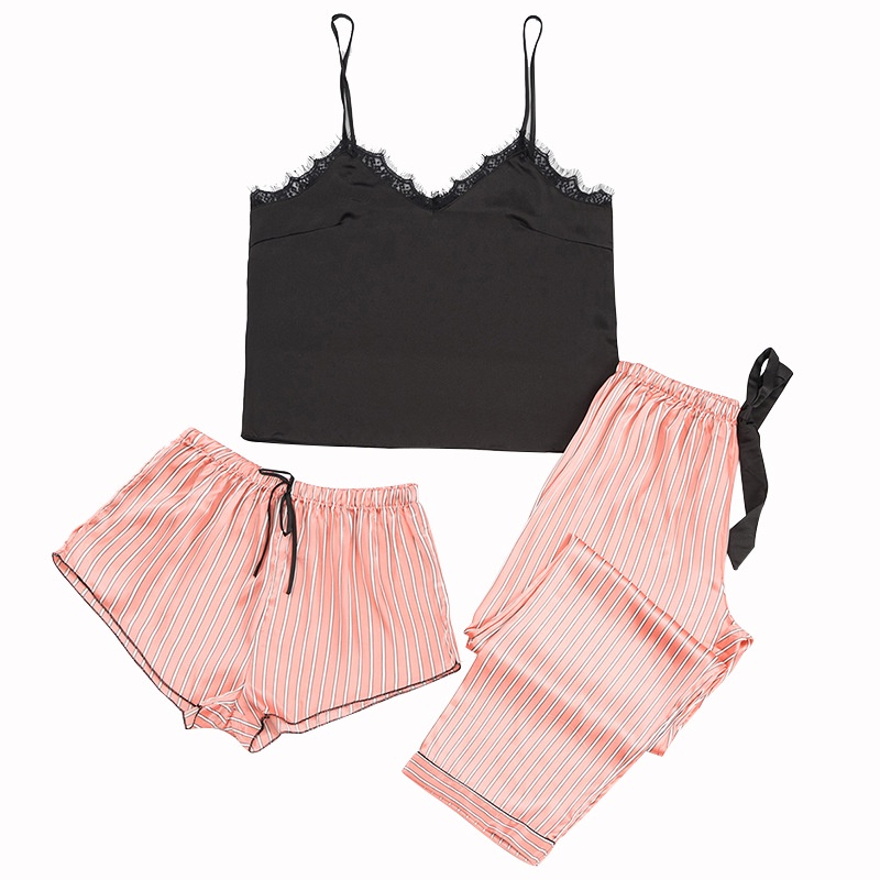 Bộ đồ ngủ hai dây + quần short dáng rộng thoải mái họa tiết kẻ sọc hàng mới dành cho bạn nữ 2021