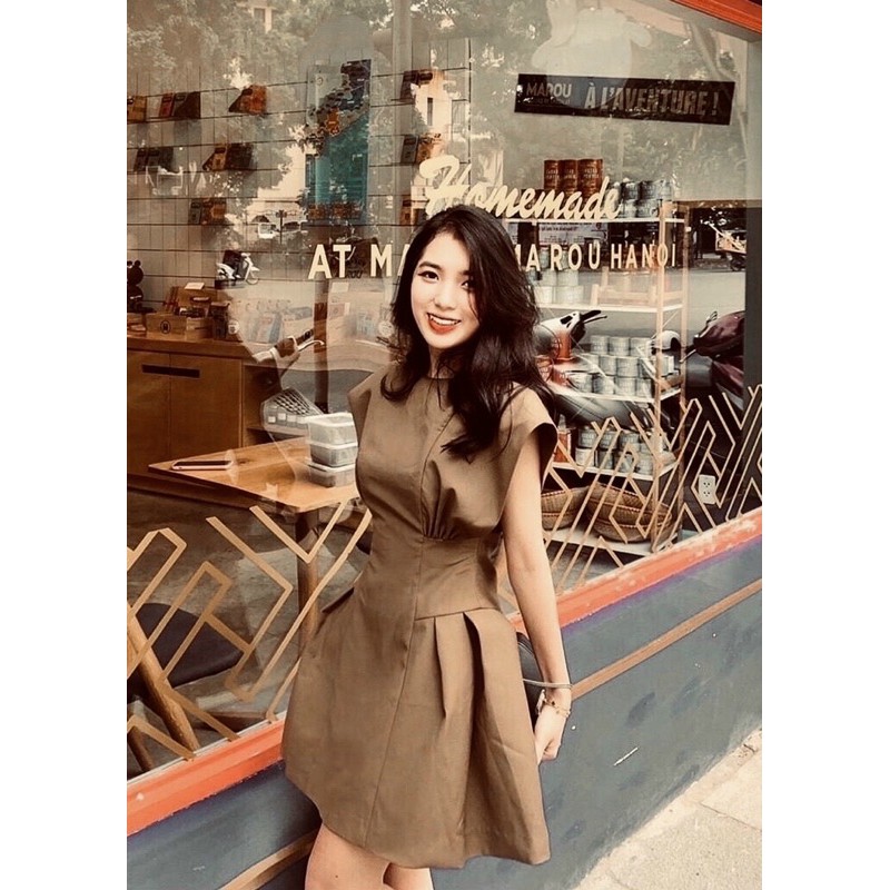 Đầm váy nâu tay bèo