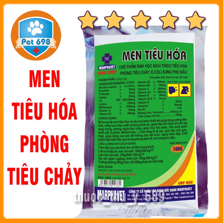 MEN TIÊU HÓA 100g Cung cấp các vi sinh vật hữu ích trong quá trình tiêu hóa thức ăn trên vật nuôi, gia súc, gia cầm