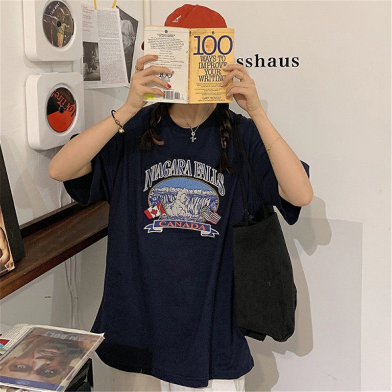 Áo Thun Tay Ngắn Cổ Tròn Dáng Rộng In Hình Cá Tính Phong Cách Retro Hàn Quốc