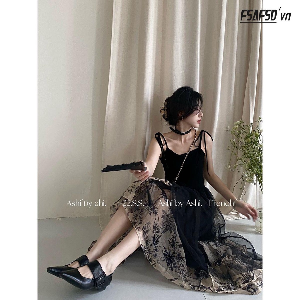 Đầm Hai Dây Màu Đen Phong Cách Retro Quyến Rũ Cho Nữ