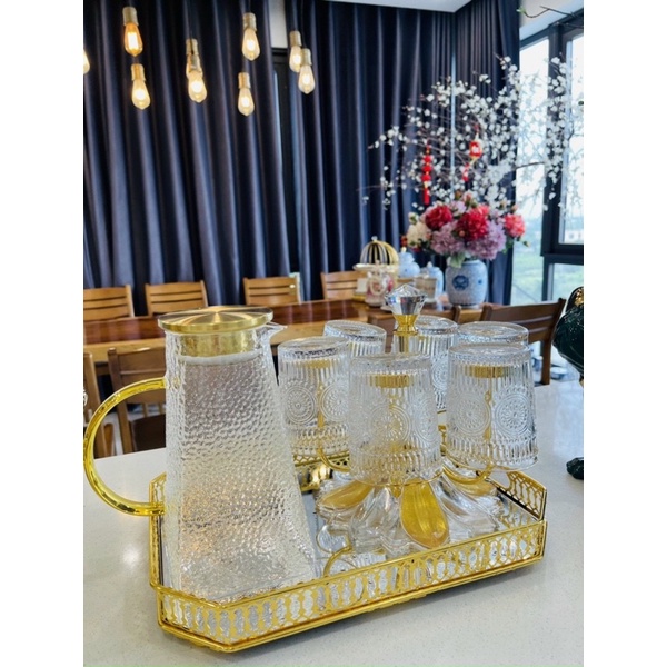 Set 6 Cốc + Bình Thuỷ Tinh Borosilicate 🌸 Sang Trọng Tinh Tế 🌸
